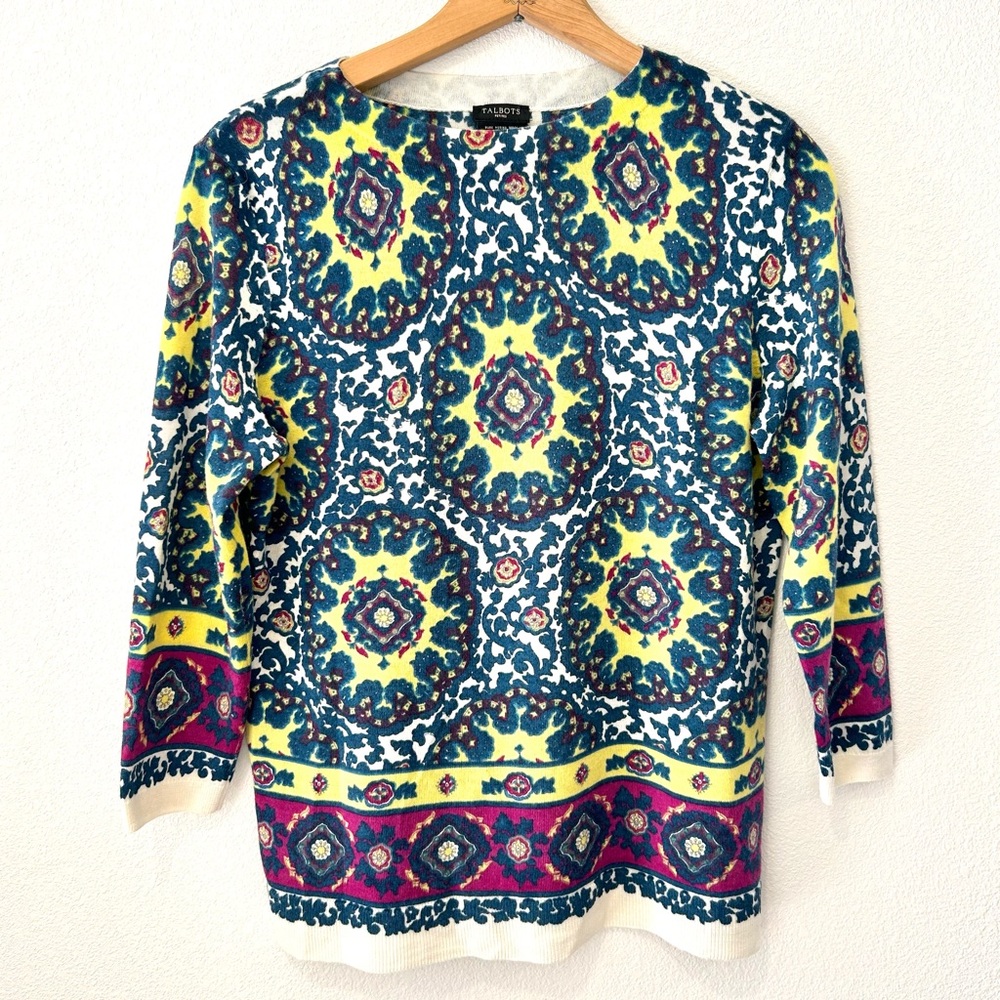 TALBOTS 100% Merino Wool Boho Medallion Print Lightweight 3/4 Sleeve Sweater MP